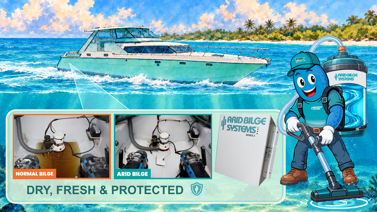 DRYVER beside an Arid Bilge Systems unit in the original automatic bilge-drying video thumbnail.