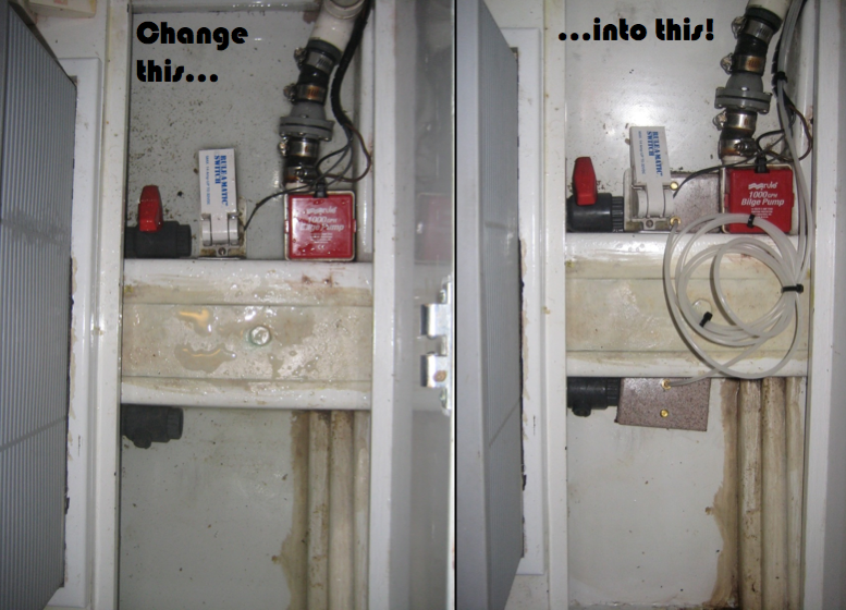 Archived before view of a red bilge pump, white switch housing and water in an engine-room channel; cropped from the original comparison.