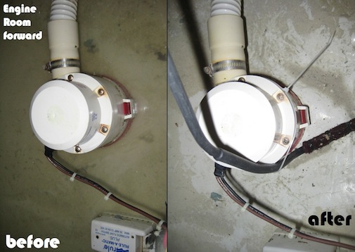 Archived before detail, cropped from the original comparison. Pump detail only. The upper hose and lower switch context are excluded with the old captions. Pump housings, wires and adjacent water or floor remain visible.