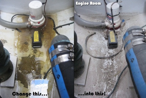 Archived before detail, cropped from the original comparison. Top and bottom caption strips are excluded. Pump base, yellow switch, water or floor and foreground hose remain visible; the upper pump extension is partly cropped.