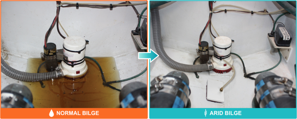 Bilge comparison showing standing water before and an exposed bilge floor with a rectangular pickup after.