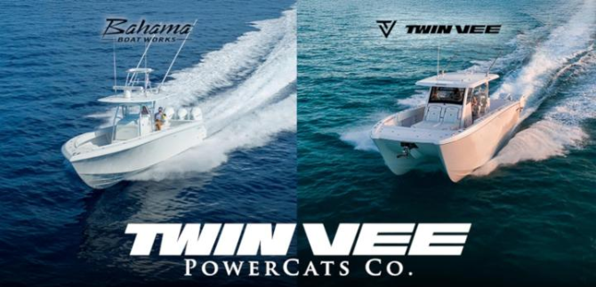 Bahama Boat Works center console and Twin Vee power catamaran underway, with their company wordmarks.