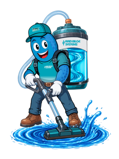 Dryver holding a vacuum wand and wearing the Arid Bilge Systems vacuum backpack.