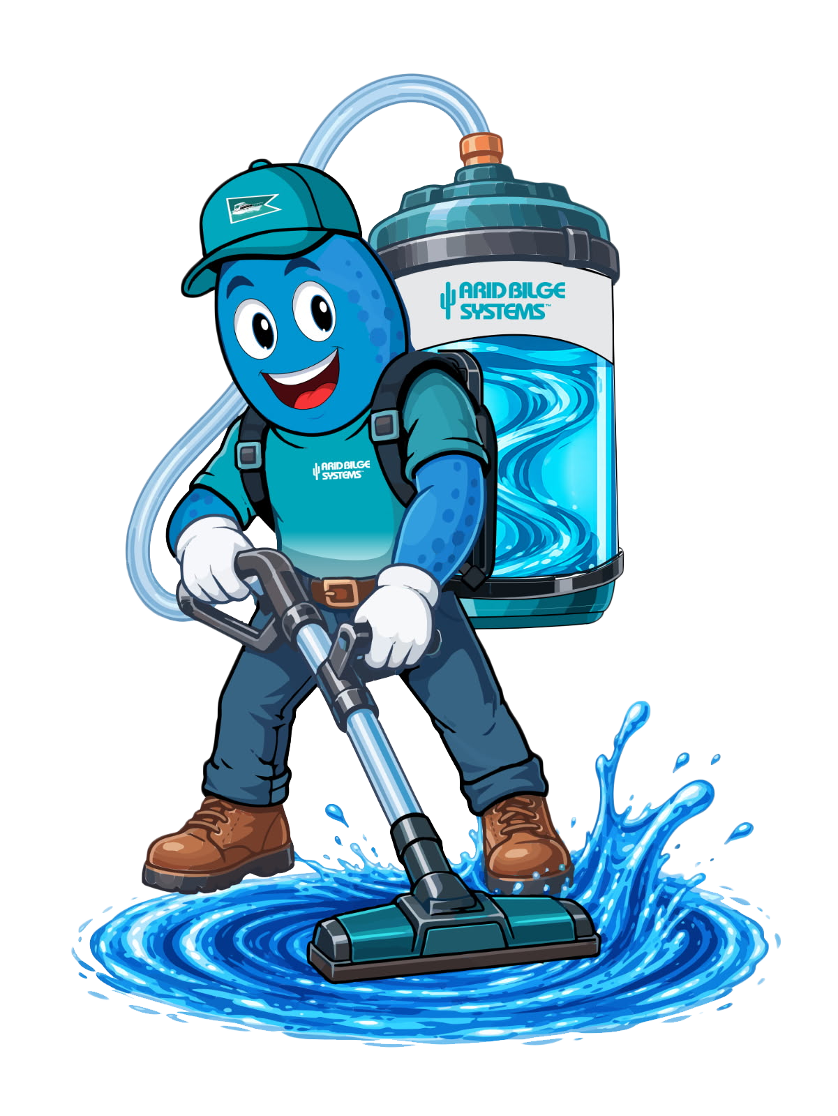 DRYVER holding a vacuum wand and wearing the Arid Bilge Systems vacuum backpack.
