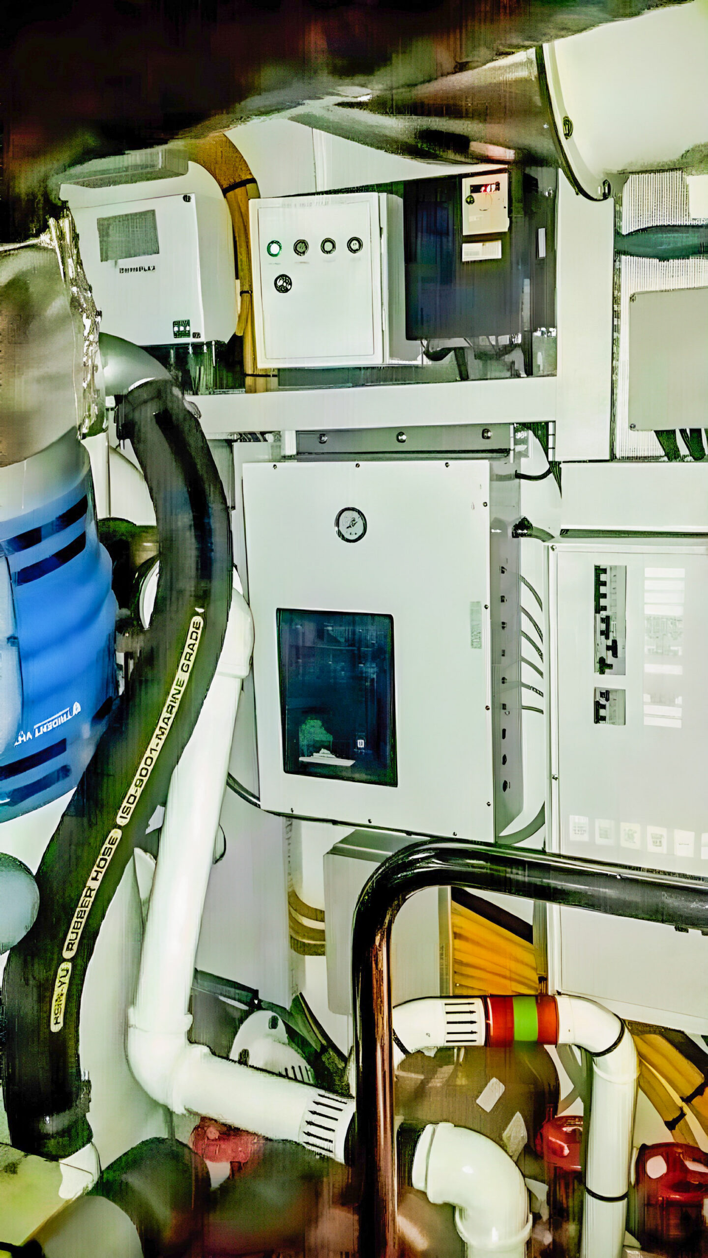 Arid installation with a white enclosure, inspection window and gauge, beside marine hoses and cabinets.